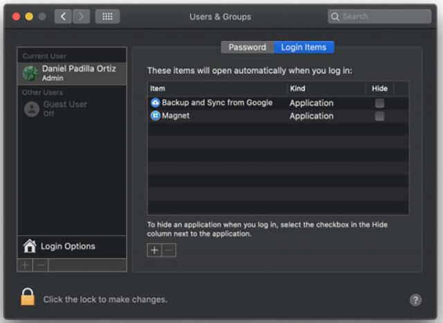 Login items and press +