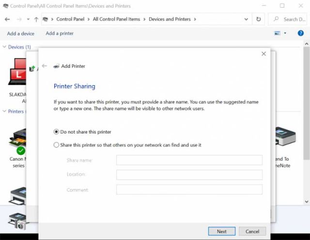Select Do not share printer option