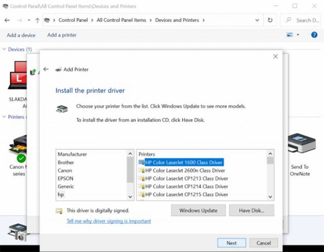 Select printer model