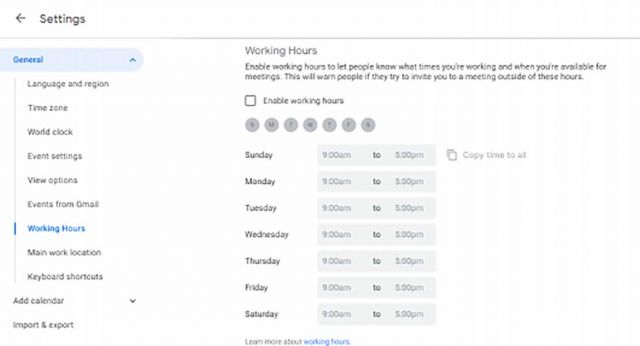Working hours section